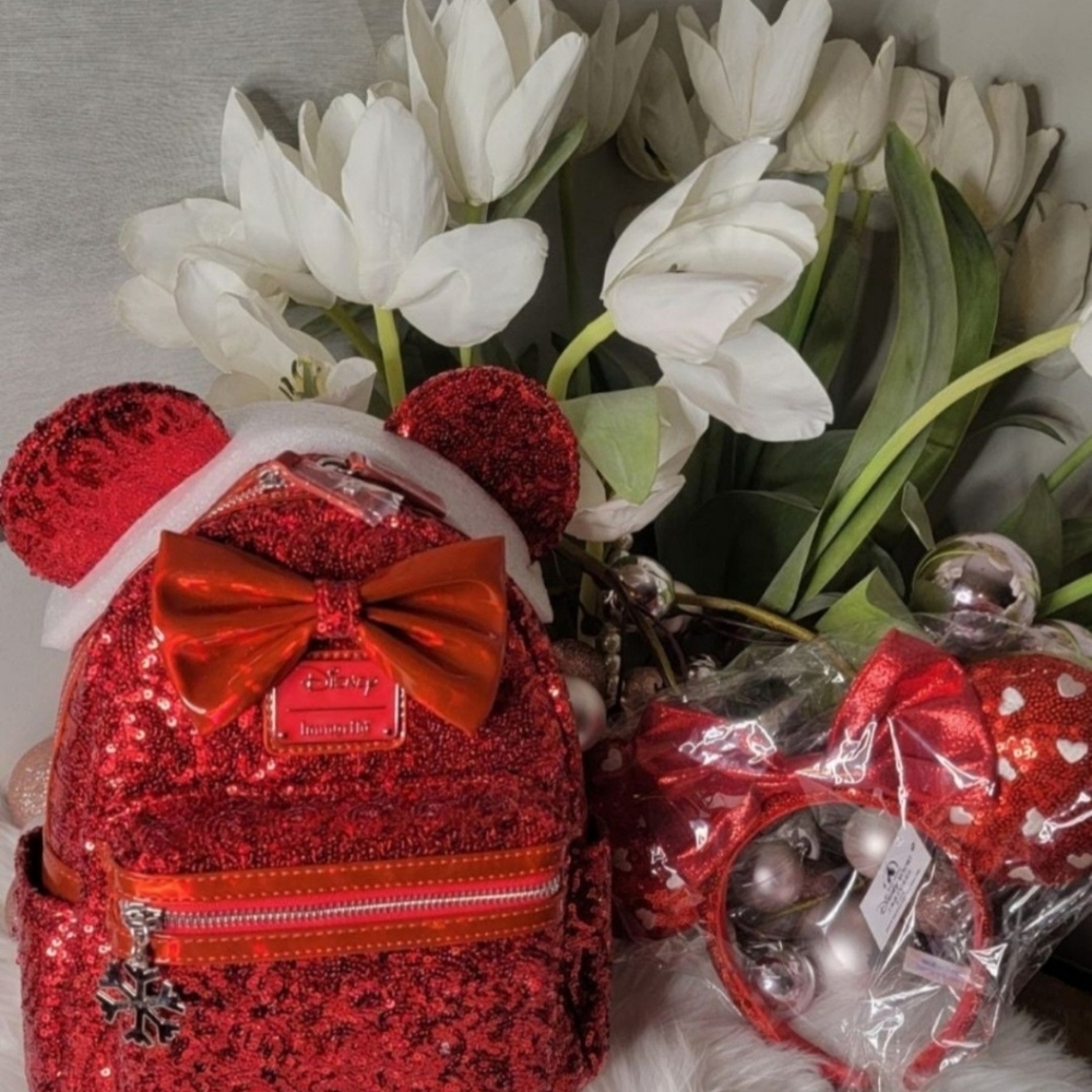 Red Sequin Loungefly Backpack with ears new